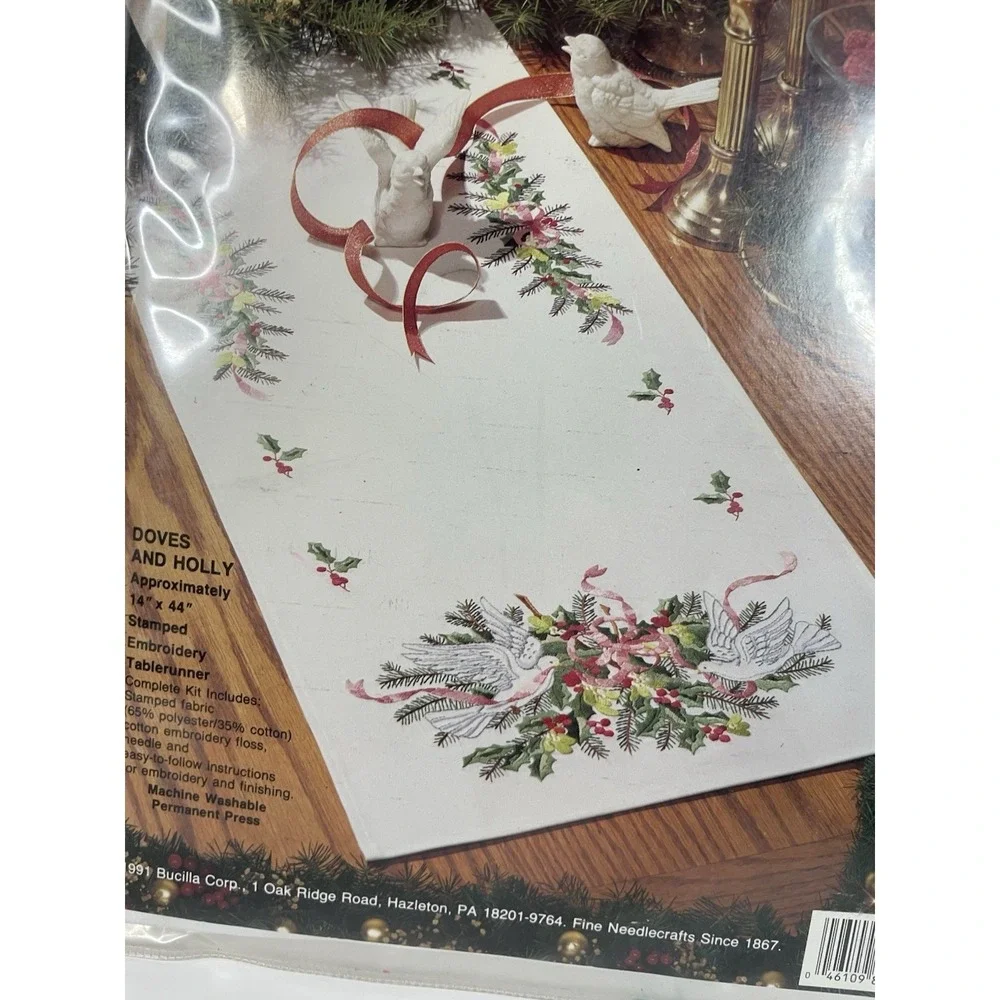 Bucilla Doves & Holly Table Runner Stamped Embroidery Christmas 82982 Unfinished